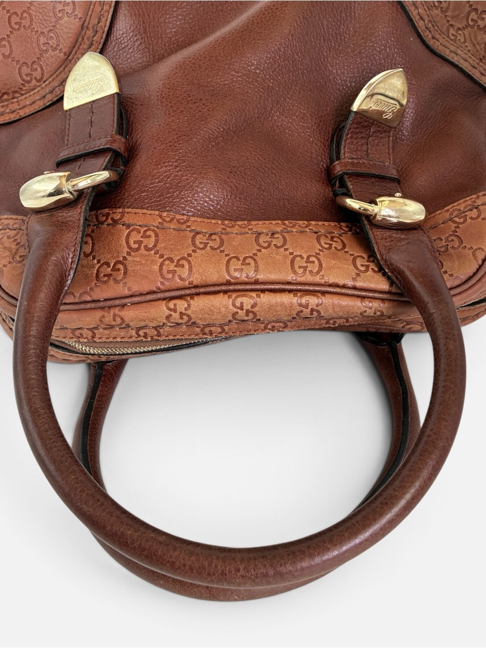Gucci Brown Leather and GG Canvas Satchel with Gold Hardware - Picture 8 of 12